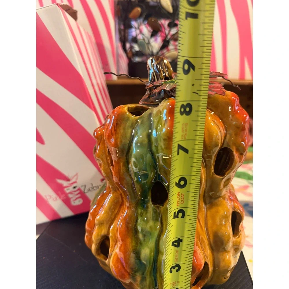 Pink Zebra Retired Ceramic Glazed Gourd Pumpkin Luminary Candle Holder Fall